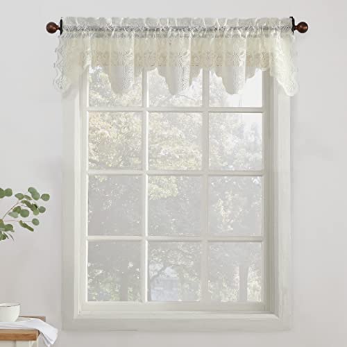 No. 918 Alison Floral Lace Sheer Rod Pocket Kitchen Curtain Valance, 58" x 14", Ivory