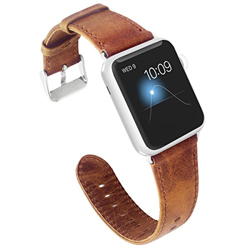KADES for Apple Watch Band 38mm, Leather for Apple Watch Band 40mm Series 4 iWatch Bands 38mm (Brown with Silver Hardware)