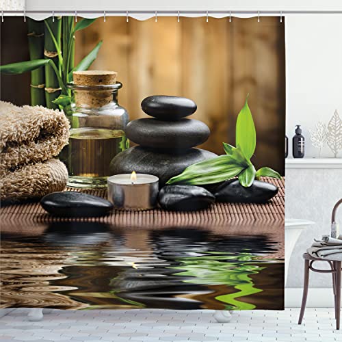 Ambesonne Spa Shower Curtain, Massage Stone Triplets Herbal Oil and Scent Candles Print, Cloth Fabric Bathroom Decor Set with Hooks, 69" W x 70" L, Sand Brown