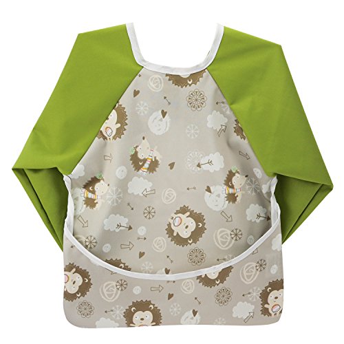 Hi Sprout Unisex Infant Toddler Baby Super Waterproof Sleeved Bib, Reusable Bib with Sleeves& Pocket, Multi Patterns, 6-24 Months (Adorable Hedgehog)