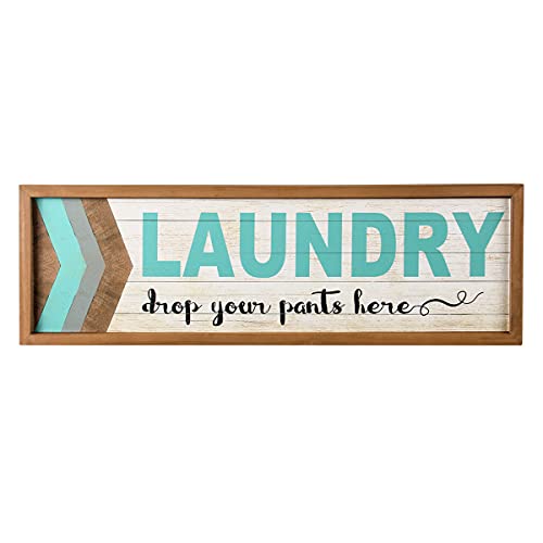 NIKKY HOME Laundry Room Decor Sign, 19 x 6 Inch Vintage Farmhouse Wood Framed Wall Plaque Wall Art, Blue - Drop Your Pants Here