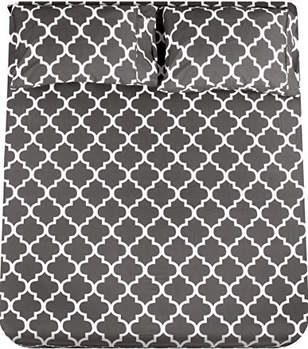 Utopia Bedding Printed Queen Sheet Set - 1 Fitted Sheet, 1 Flat Sheet and 2 Pillowcases - Soft Brushed Microfiber Fabric - Shrinkage and Fade Resistant (Queen, Grey Quatrefoil with White Pattern)