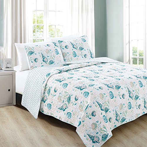 Book Cover Home Fashion Designs 3-Piece Coastal Beach Theme Quilt Set with Shams. Soft All-Season Luxury Microfiber Reversible Bedspread and Coverlet. Westsands Collection Brand. (King, Multi)