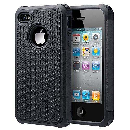 UARMOR Case for Apple iPhone 4 / iPhone 4S, Hybrid Dual Layer Protective Case with Hard Plastic and Soft Silicone Shockproof Durable Fullbody Protection Case, Black