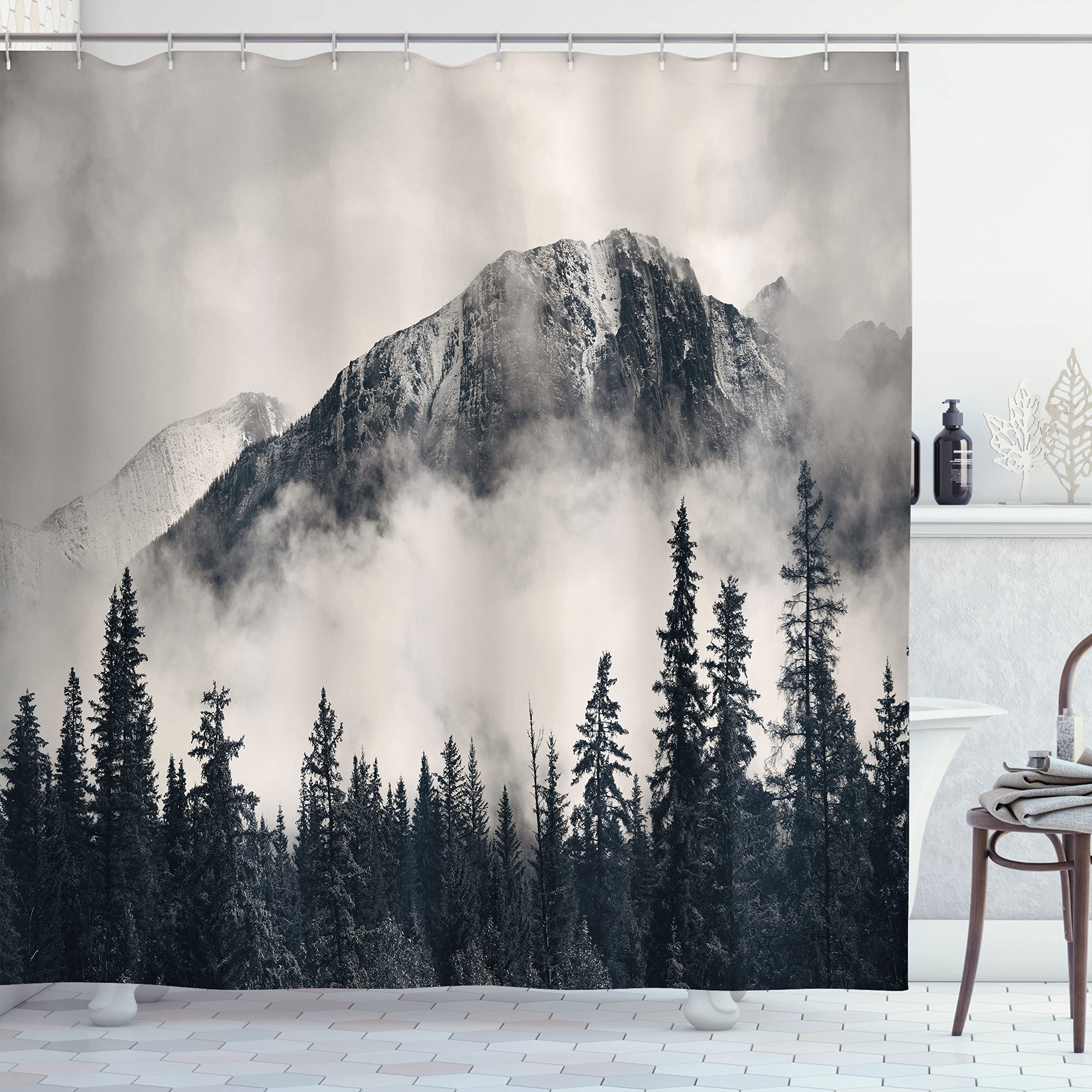 Book Cover Ambesonne National Parks Shower Curtain, Canadian Smokey Mountain Cliff Outdoors Idyllic Scenery Photo Artwork, Cloth Fabric Bathroom Decor Set with Hooks, 69