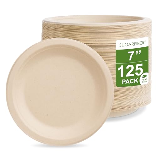 HARVEST PACK 7-inch Round Disposable Compostable Paper Plates, Made From Eco-Friendly Plant Fibers [125 COUNT]