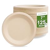 [125 COUNT]Harvest Pack PFAS Free 7" Small Compostable Paper Plates, Round Small Dessert Plates, Disposable Biodegradable Heavy-Duty Natural Bagasse Plates, 100% Eco-Friendly Sugarcane Plant Fibers