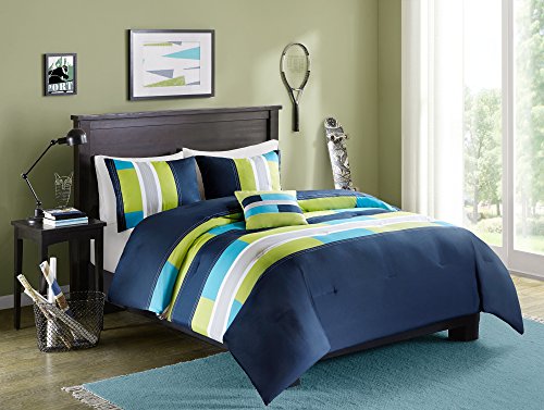 Comfort Spaces Pierre 4 Piece Comforter Set All Season Ultra Soft Hypoallergenic Microfiber Pipeline Stripe Boys Dormitory Bedding, Full/Queen, Navy Blue