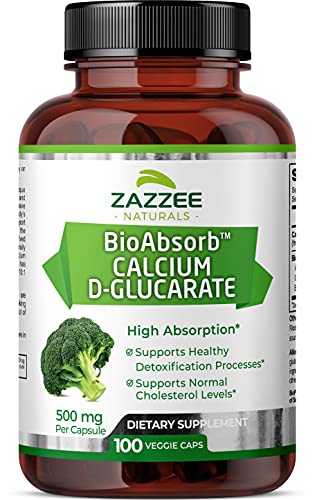 Zazzee BioAbsorb™ Calcium D-Glucarate 500 mg Enhanced Absorption, 100 Vegan Capsules, Contains 3 mg BioPerine, 500 mg per Capsule, Plus Pure Broccoli Extract, CDG, Vegan, Non-GMO and All-Natural