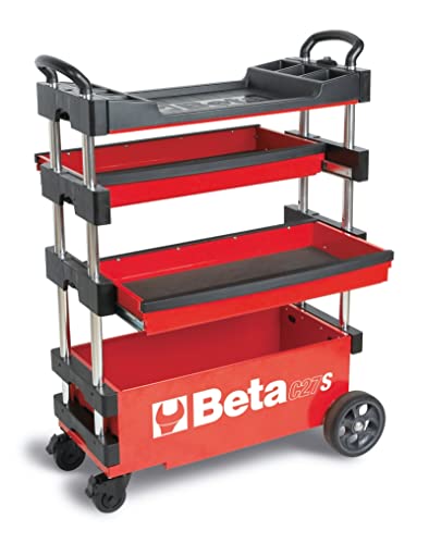 Beta C27S Collapsible Rolling Tool Cart | Heavy-Duty Mobile Metal Tool Trolley with Locking Drawers, 4” Steering Wheels, Brake System | Thermoplastic Worktop | Red