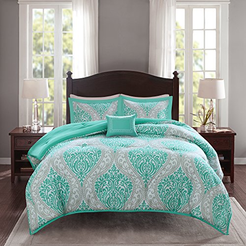 Comfort Spaces Cozy Comforter Set-Modern Casual Boho Bedding Set, Matching Sham, Decorative Pillow, Twin/Twin XL(66"x90"), Coco Damask Teal 3 Piece