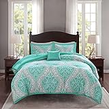 Comfort Spaces Cozy Comforter Set-Modern Casual Boho Bedding Set, Matching Sham, Decorative Pillow, Twin/Twin XL(66"x90"), Coco Damask Teal 3 Piece