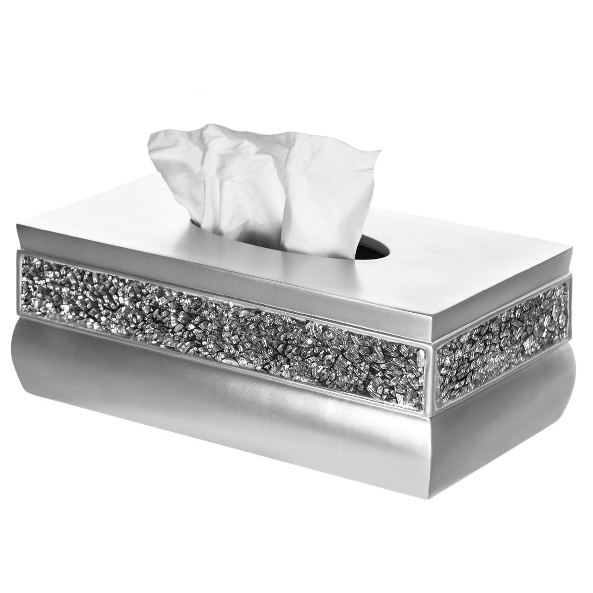Book Cover Creative Scents Silver Tissue Box Cover Rectangular - Decorative Tissue Box Holder With Beautiful Mosaic Glass - Elegant Bling Tissue Holder For Bathroom With Durable Bottom Slider (Silver Collection)