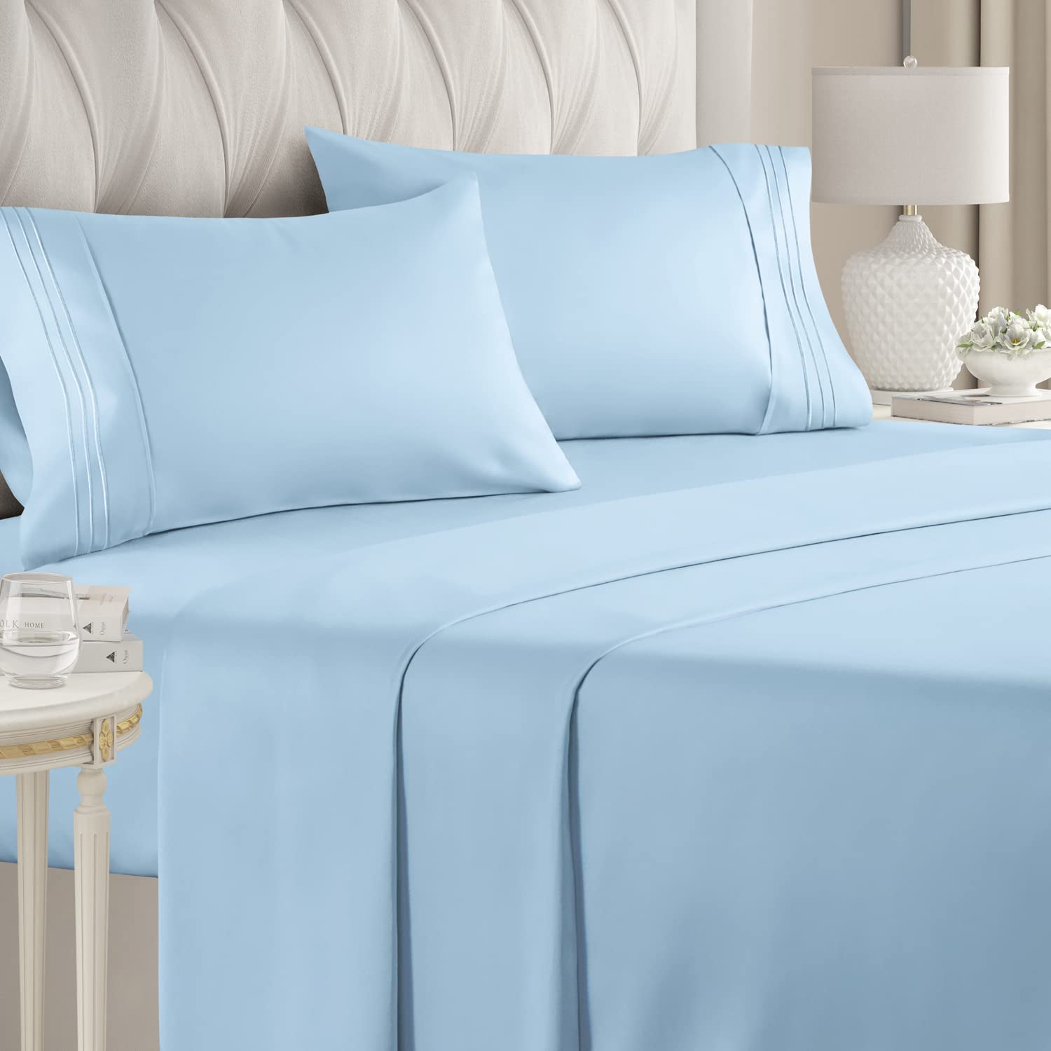 4 Piece Hotel Luxury Comfy Bed Sheets Set - Extra Soft - Deep Pockets - Easy Fit - Breathable & Cooling - Wrinkle Free(King Size, Light Blue) 18 - Baby Blue King