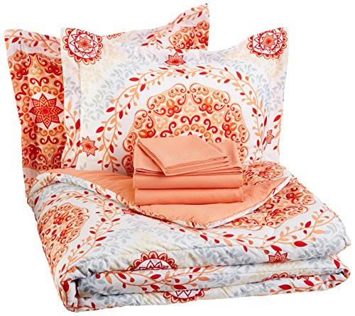 Book Cover AmazonBasics 7-Piece Bed-In-A-Bag, Full / Queen Bedding Comforter Sheet Set, Coral Medallion, Microfiber, Ultra-Soft