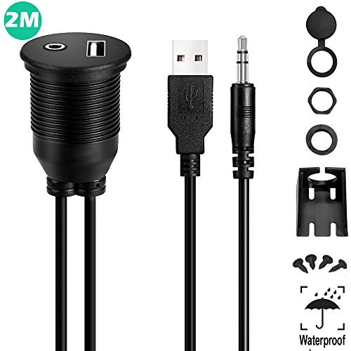 USB Flush Mount Car Cable - Powerbeast 2M/6.6ft USB 2.0 and 3.5mm Aux Extention Flush Mount/Dash Panel Mount Cable for Car Boat or Motorcycle and Motorized DVD Receiver