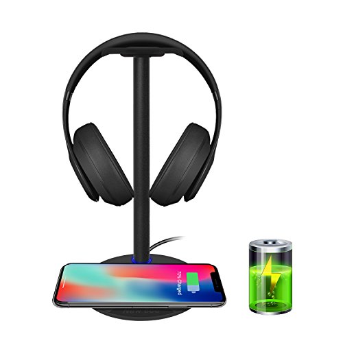 Book Cover Fast Wireless Charging with Headphone Stand New Bee Sturdy 2-in-1 Headset Holder & Wireless Charger Pad for iPhone Xs MAX/XR/XS/X/8/8 Plus Galaxy Note 9/S9/S9 Plus/Note 8/S8 (Black)