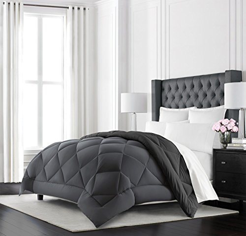 Book Cover Beckham Hotel Collection Goose Down Alternative Reversible Comforter - All Season - Premium Quality Luxury Hypoallergenic Comforter - Full/Queen - Grey/Black
