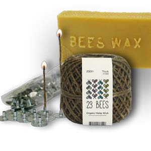 Book Cover Organic Candle Making Bundle Kit, Organic Hemp Candle Wick + Natural Beeswax + Wick Sustainer Tabs, 23 Bees (200ft(Thick) x 200pc x 2lbs)