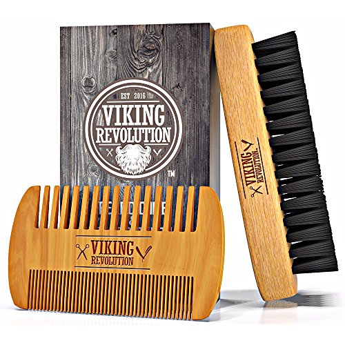 Viking Revolution Beard Comb & Beard Brush Set for Men - Natural Boar Bristle Brush and Dual Action Pear Wood Comb w/Velvet Travel Pouch - Great for Grooming Beards and Mustaches
