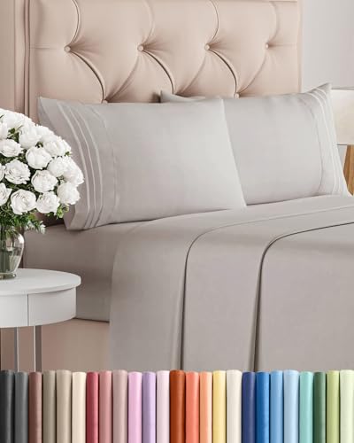 Queen Size Sheet Set - 4 Piece Set - Hotel Luxury Bed Sheets - Extra Soft - Deep Pockets - Easy Fit - Breathable & Cooling - Wrinkle Free - Comfy - Light Grey Bed Sheets - Queens Sheets - 4 PC