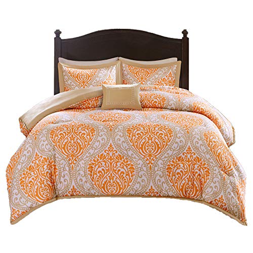 Book Cover Comfort Spaces Coco 4 Piece Comforter Set Ultra Soft Printed Damask Pattern Hypoallergenic Bedding, Full/Queen (90 in x 90 in), Orange-Taupe