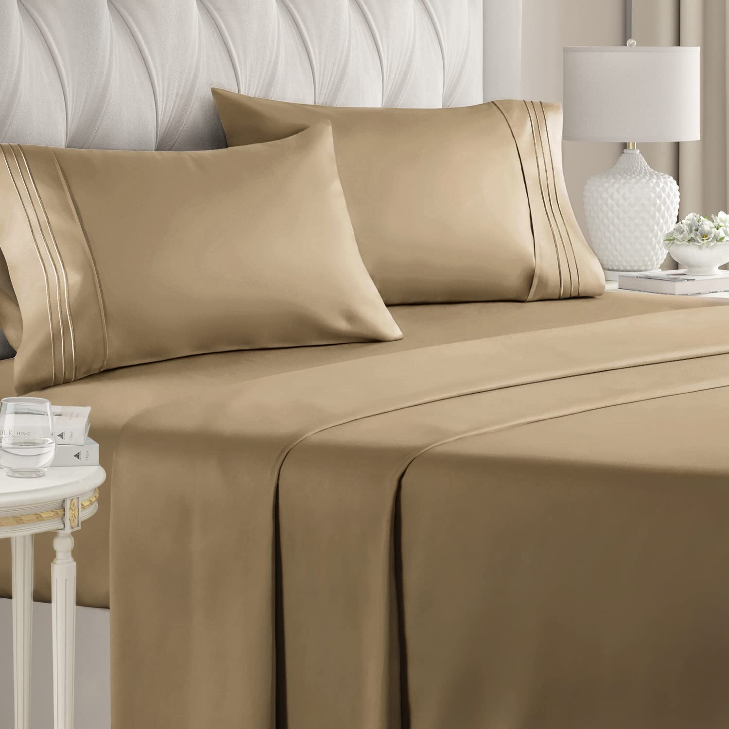 Book Cover Queen Size Sheet Set - Breathable & Cooling Sheets - Hotel Luxury Bed Sheets - Extra Soft - Deep Pockets - Easy Fit - 4 Piece Set - Wrinkle Free - Comfy – Beige Tan Bed Sheets - Queens Sheets – 4 PC 13 - Beige Queen