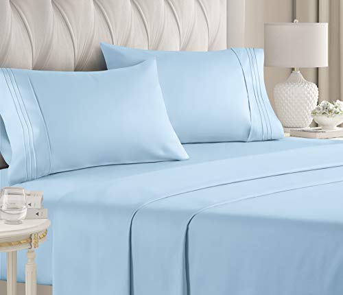Book Cover Queen Size Sheet Set - 4 Piece - Hotel Luxury Bed Sheets - Extra Soft - Deep Pockets - Easy Fit - Breathable & Cooling - Wrinkle Free - Comfy – Light Blue Bed Sheets – Queens Baby Blue– 4 PC