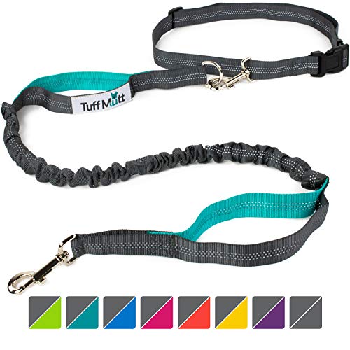 Tuff Mutt Hands Free Dog Leash for Running, Walking, Hiking, Durable Dual-Handle Bungee Leash is 4 Feet Long with Reflective Stitching, and an Adjustable Waist Belt That Fits up to 42 Inch Waist
