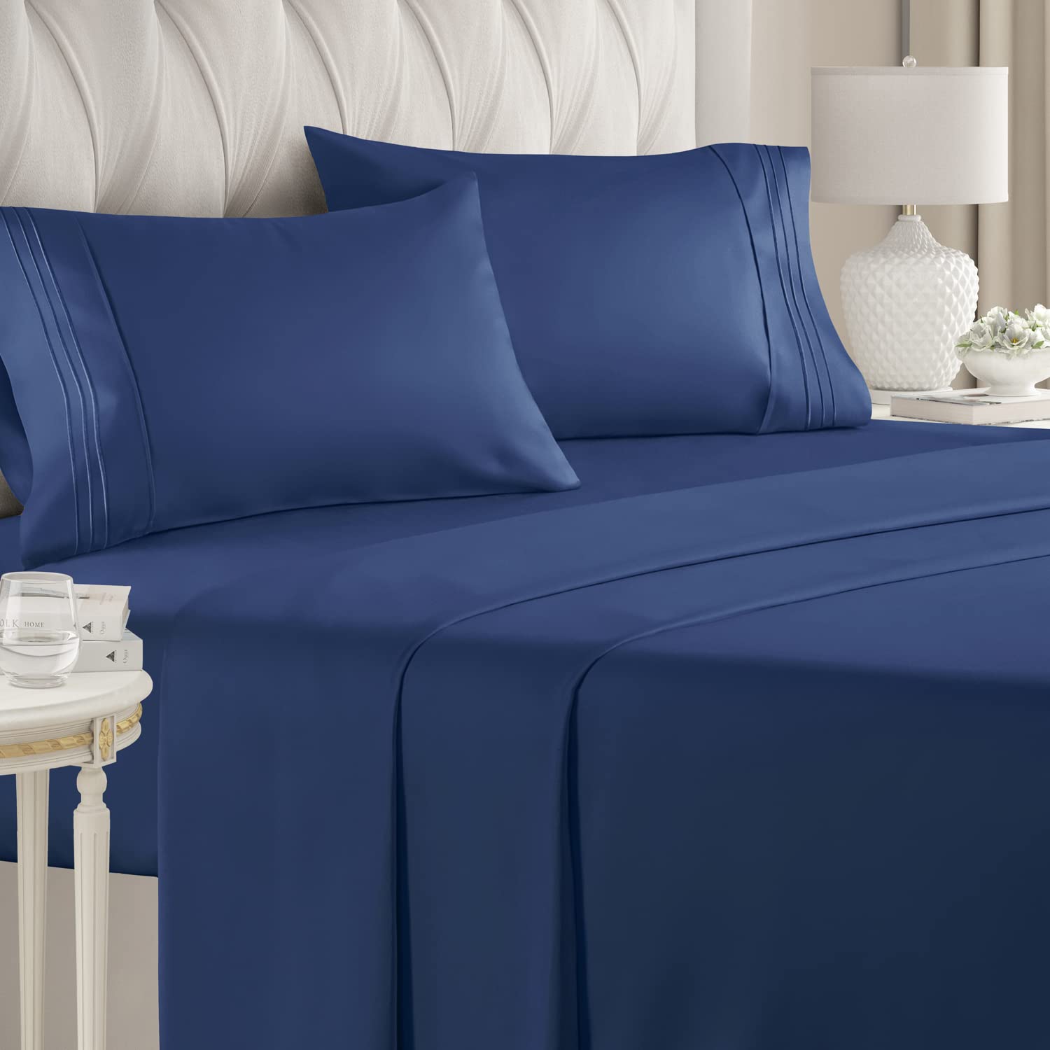 Book Cover Full Size Sheet Set - 4 Piece - Hotel Luxury Bed Sheets - Extra Soft - Deep Pockets - Easy Fit - Breathable & Cooling Sheets - Wrinkle Free - Comfy – Navy Blue Bed Sheets