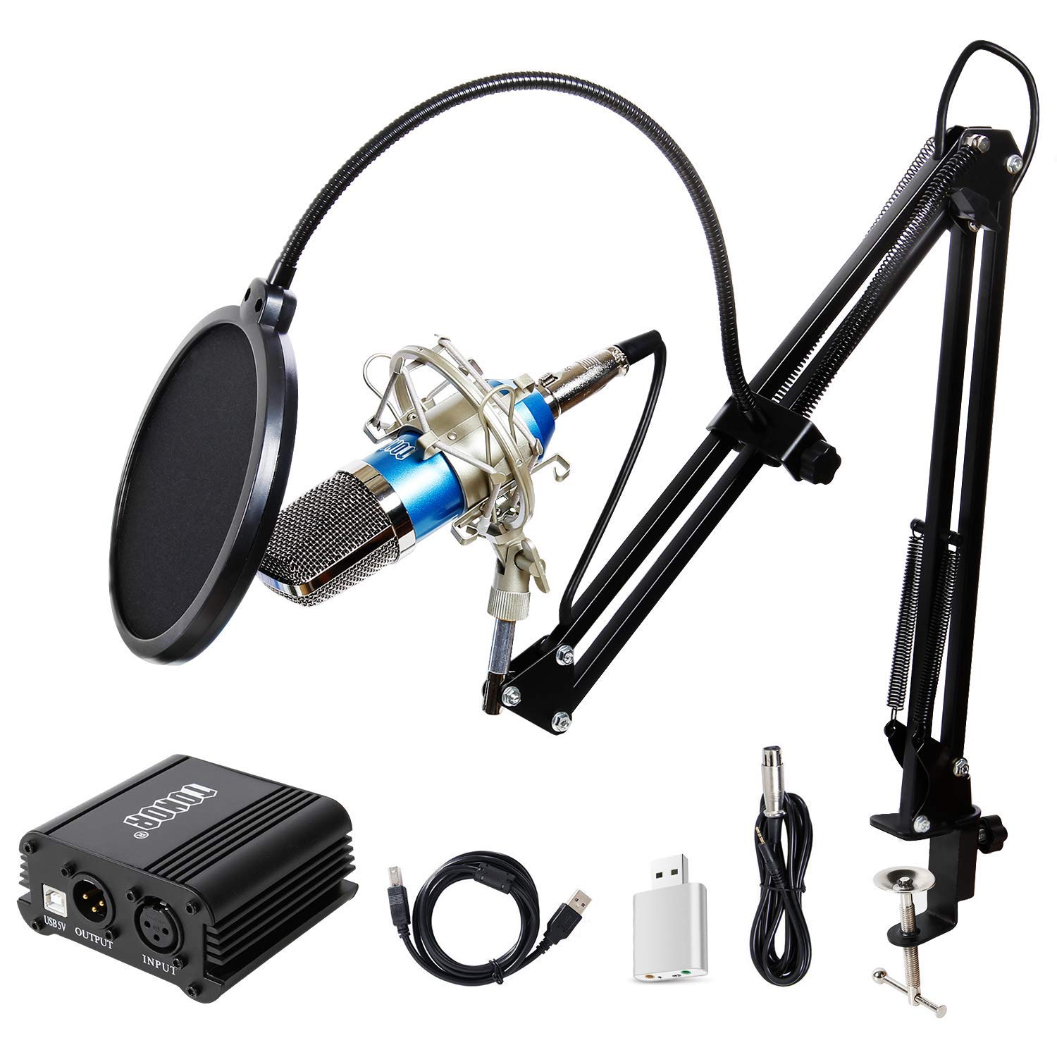 TONOR Pro Condenser Microphone XLR to 3.5mm Podcasting Studio Recording Condenser Microphone Kit Computer Mics with 48V Phantom Power Supply Blue