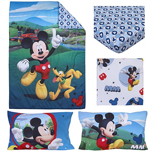 Disney 4 Piece Toddler Bedding Set, Mickey Mouse Playhouse, Blue/White, Standard Toddler Mattress (52" x 28" x 8")