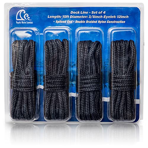 Double-Braided Nylon Dock Line from Regatta Marine Essentials (Black, L: 15 ft. D: 3/8 inch Eyelet: 12 inch, 4 Count)