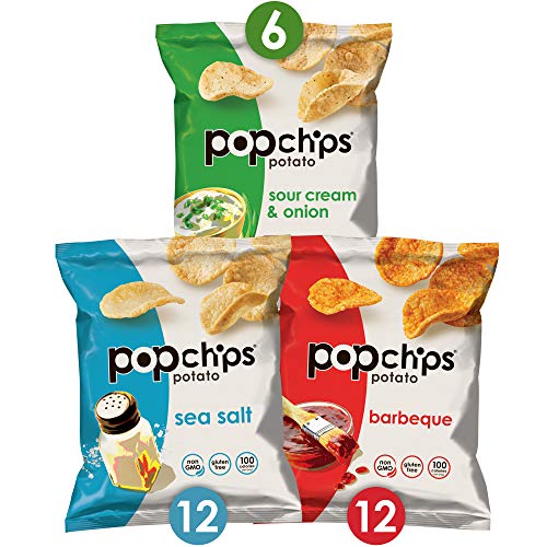 Book Cover Popchips Potato Chips Variety Pack Single Serve Bags , 3 flavors: 12 Sea Salt, 12 BBQ, 6 Sour Cream & Onion, 0.8 oz Bags Each, Pack of 30