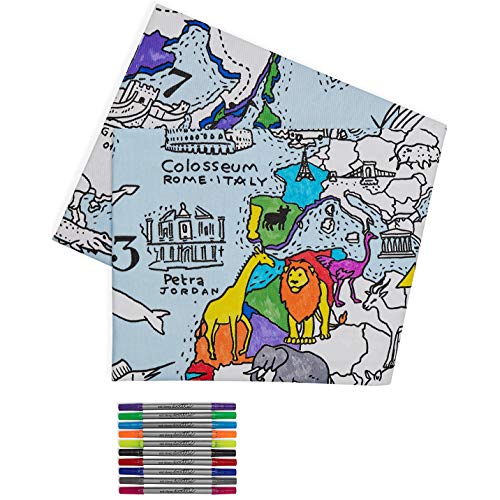 Eatsleepdoodle World Map Kid's Coloring Tablecloth - Color Your Own Map of The World - Educational Geography Learning Activity for Children with Washable Felt Tip Fabric Markers