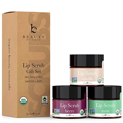 Organic Lip Scrub Gift Set - Vanilla, Mint & Berry Sugar Scrub, Lip Scrubs Exfoliator & Moisturizer, Lip Exfoliator, Lip Care Exfoliating Scrub, Lip Moisturizer, Chapped Lips Treatment for Lush Lips