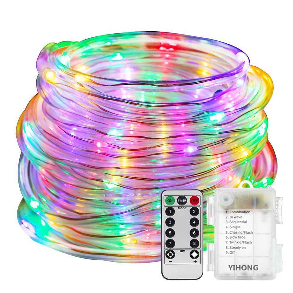YIHONG Fairy Lights LED Rope Lights Battery Operated - 33ft 8 Mode String Lights Waterproof - Firefly Lights with Remote Timer for Christmas Garden Party Indoor Decor-Multicolor