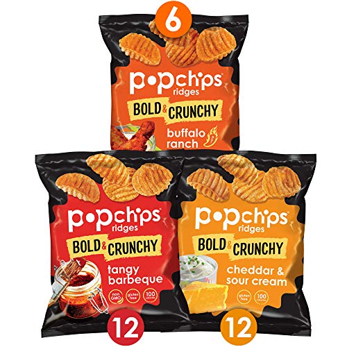 Book Cover Popchips Ridges Potato Chips Variety Pack, Single Serve 0.8 Ounce Bags (Pack of 30) 3 Flavors: 12 Tangy BBQ, 12 Cheddar & Sour Cream, 6 Buffalo Ranch, 3 Flavor Variety Pack