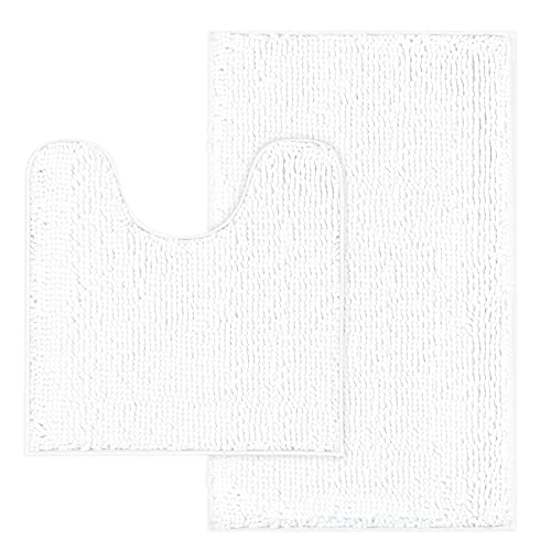 Mayshine 2 Pack (20x32/20x20U inches) Non-Slip Bathroom Rug Shag Shower Mat Machine-Washable Bath Mats with Water Absorbent Soft Microfibers of - White