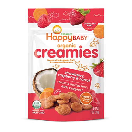 Happy Baby Organics Creamies Freeze-Dried Veggie & Fruit Snacks with Coconut Milk Strawberry Raspberry & Carrot, 1 Ounce Bag Dairy Free Baby or Toddler Snacks, Organic Non-GMO Gluten Free Kosher