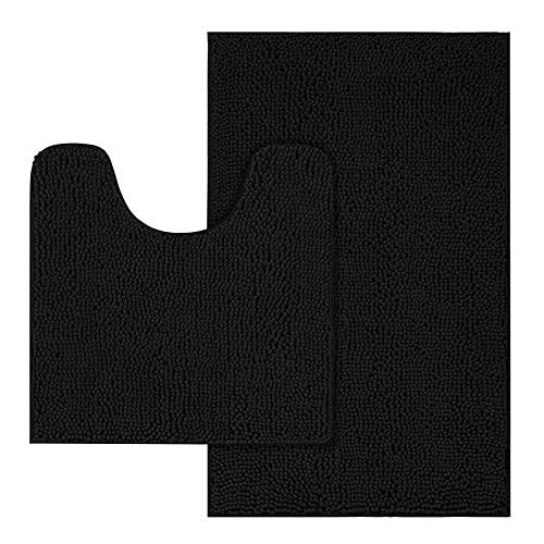 Book Cover MAYSHINE 2 Piece Chenille Bathroom Rug Toilet Set, Ultra Soft Shaggy Non Slip Toilet Mats, Water Absorbent, Machine Washable Plush Bath Mat Contour and Rectangle (Black, 32x20 / 20x20 Inches U-Shaped)