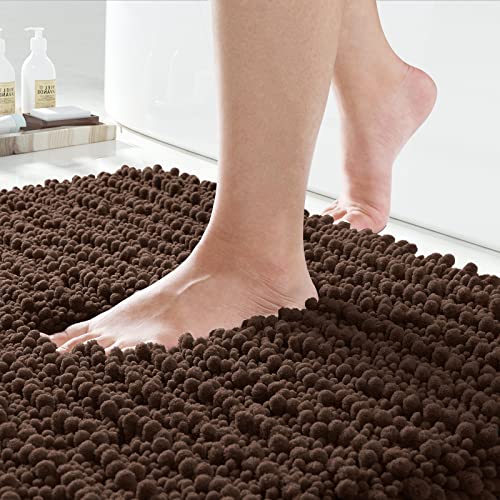 Book Cover Yimobra Original Luxury Chenille Bath Mat, 32 x 20 Inches, Soft Shaggy and Comfortable, Large Size, Super Absorbent and Thick, Non-Slip, Machine Washable, Perfect for Bathroom, Brown