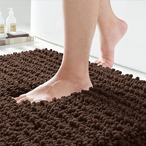 Yimobra Original Luxury Chenille Bath Mat, 32 x 20 Inches, Soft Shaggy and Comfortable, Large Size, Super Absorbent and Thick, Non-Slip, Machine Washable, Perfect for Bathroom, Brown