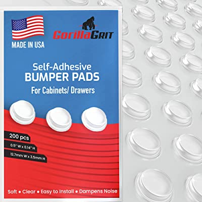 Pack of 100 Cabinet Door Bumpers - Made in USA - 1/2" Diameter Clear Adhesive Pads for Drawers, Glass Tops, Cutting Boards, Picture Frames, Small Furniture