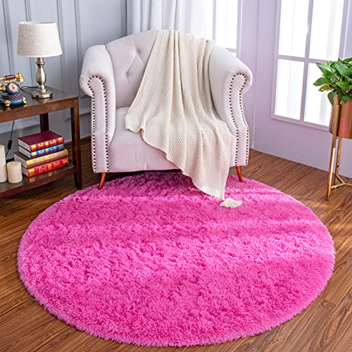 Book Cover LOCHAS 4-Feet Round Area Rugs Super Soft Living Room Bedroom Home Shag Carpet (Rose Red)