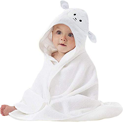 Organic Bamboo Baby Hooded Towel | Ultra Soft and Super Absorbent Toddler Hooded Bath Towel with Cute Lamb Face Design | Great Infant/Newborn Shower Present for Boy or Girl