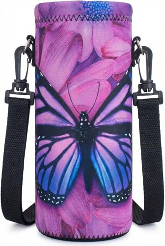 AUPET Water Bottle Carrier,Purple Butterfly 500ML Water Sport Bottle Cover Pouch Insulated Soft Sleeve Holder Case +Shoulder Strap