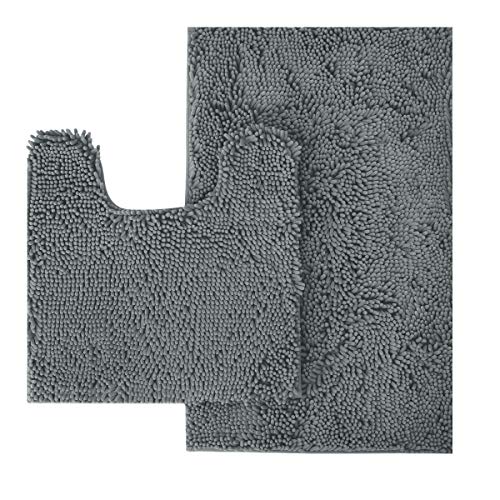 MAYSHINE Bathroom Rug Toilet Sets and Shaggy Non Slip Machine Washable Soft Microfiber Bath Contour Mat (New Grey, 32x20 / 20x20 Inches U-Shaped)