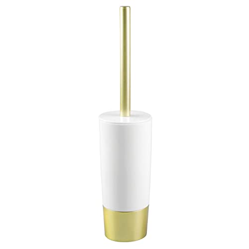 Book Cover mDesign Decorative Compact Freestanding Plastic Toilet Bowl Brush and Holder for Bathroom Storage and Organization - Metal Handle/Base - Space Saving, Sturdy, Deep Cleaning - White/Gold Brass