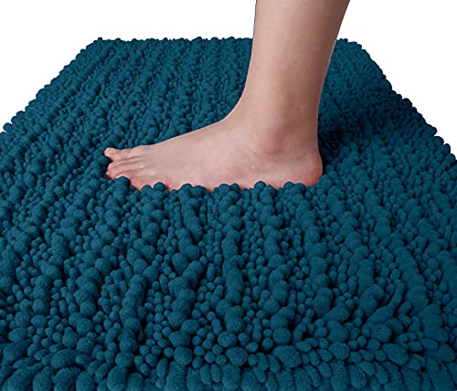 Book Cover Yimobra Original Luxury Chenille Bath Mat, 32 x 20 Inches, Soft and Comfortable, Large Size, Super Absorbent and Thick, Non-Slip, Machine Washable, Perfect for Bathroom, Peacock Blue